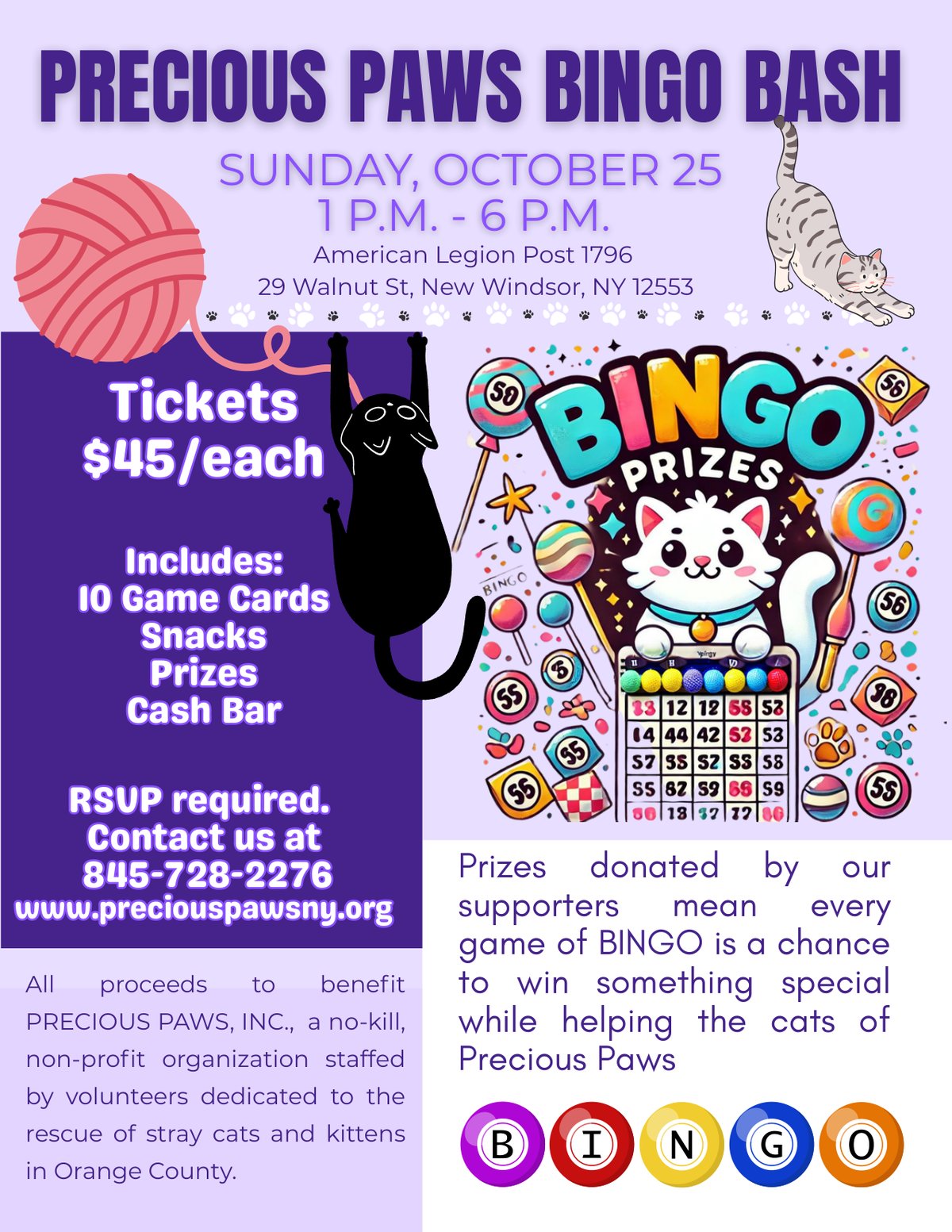 Bingo Bash poster: Sunday, October 25, 1 to 6 PM, American Legion Post 1796, New Windsor. Tickets $45 each, including 10 game cards, snacks, prizes and a cash bar. RSVP required at 845-728-2276.